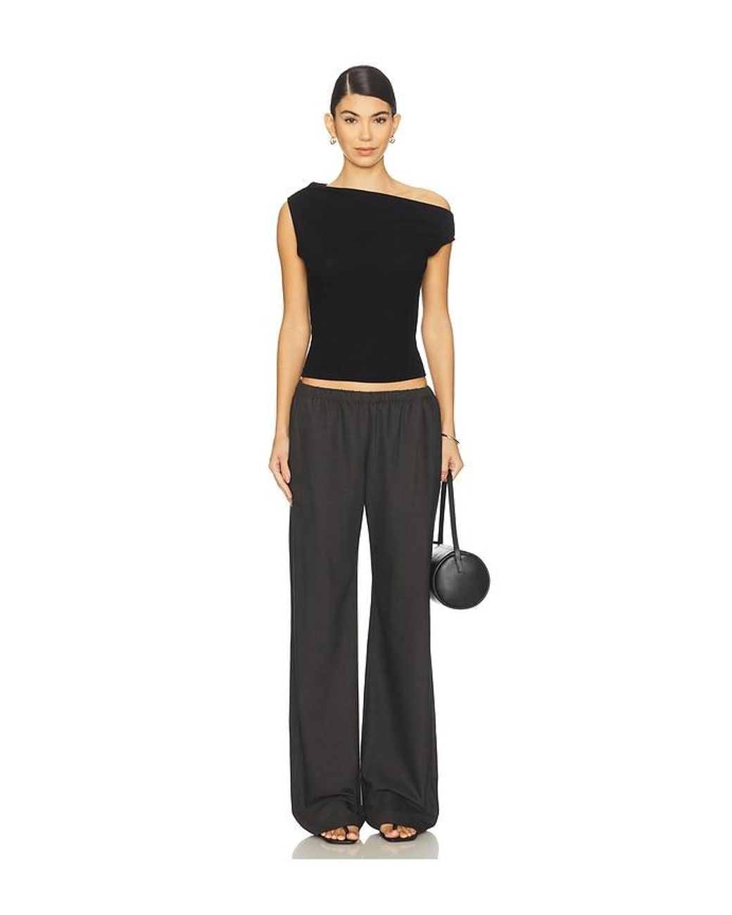 Leset Black Lauren Ruched Asymmetrical Shoulder Top