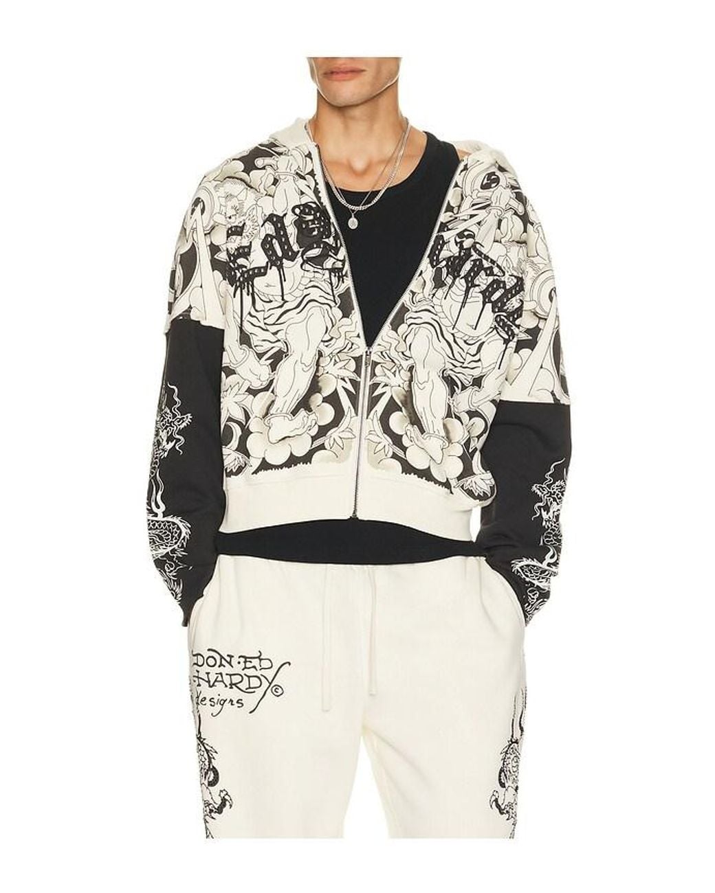 Ed Hardy White Japan Lion Rhinestone Hang Hoodie for men