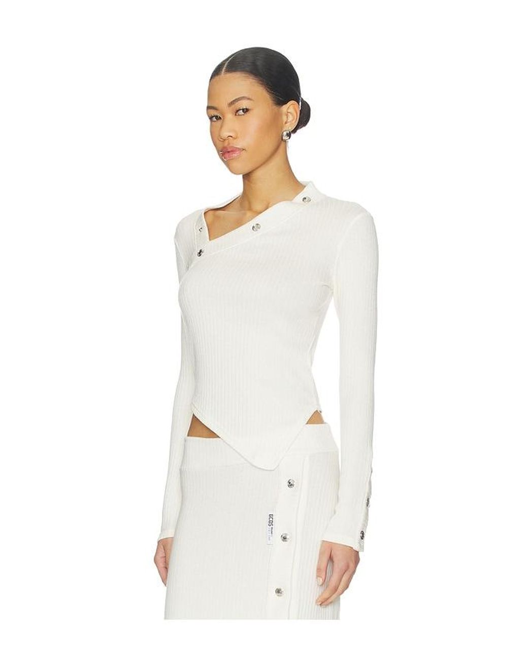 Gcds White Ribbed Snap Long Sleeve Top
