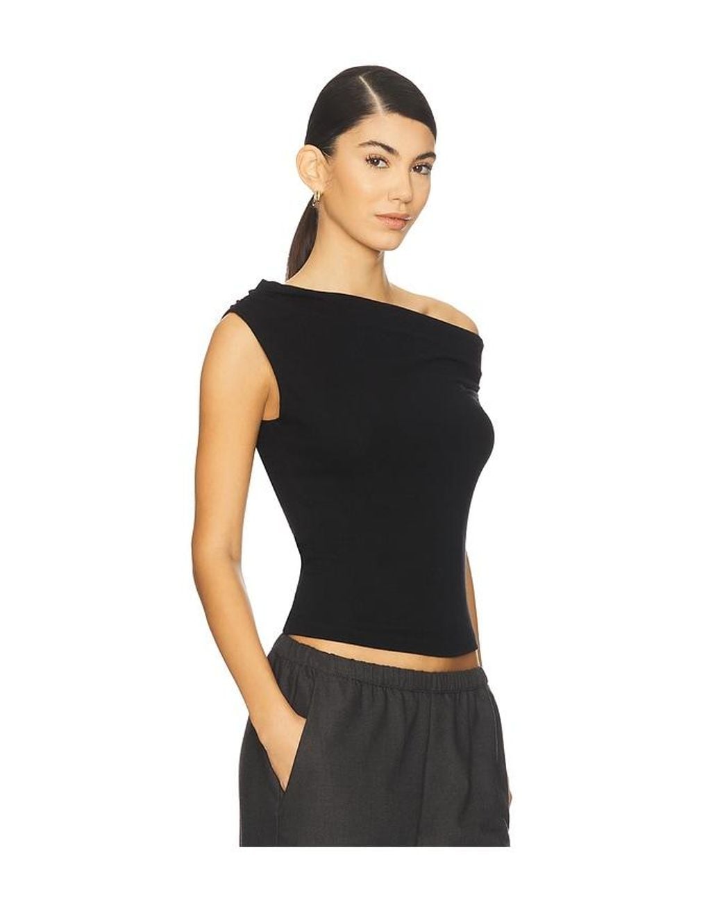 Leset Black Lauren Ruched Asymmetrical Shoulder Top