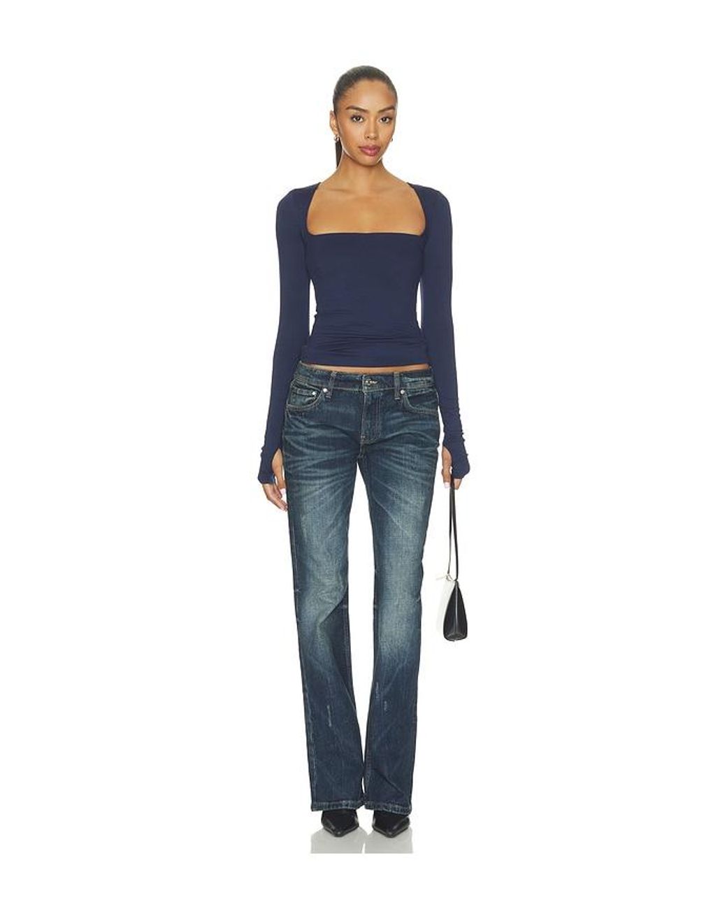 AFRM Blue Ines Knit Crepe Top