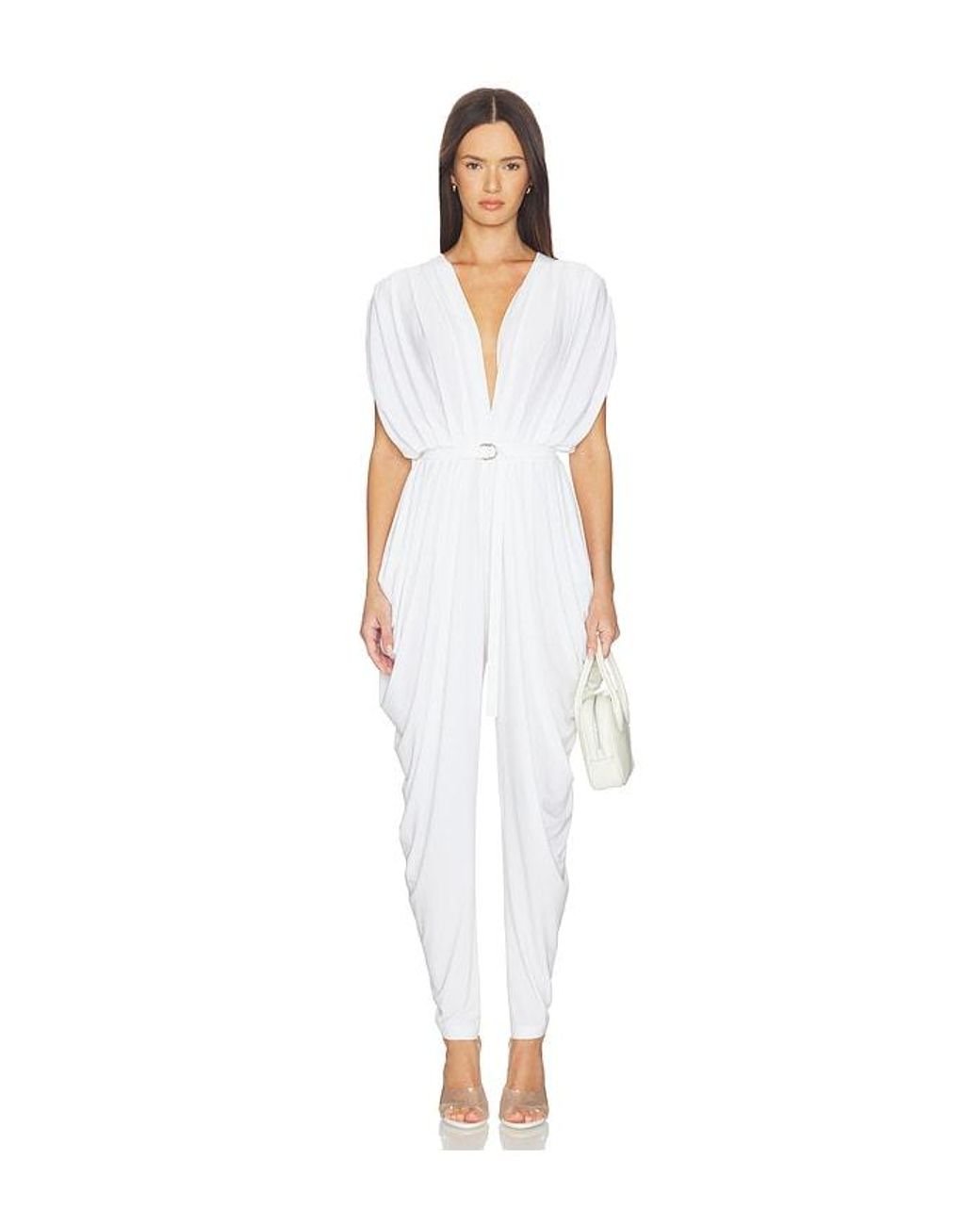 Norma Kamali White Square Sleeve Waterfall Jumpsuit