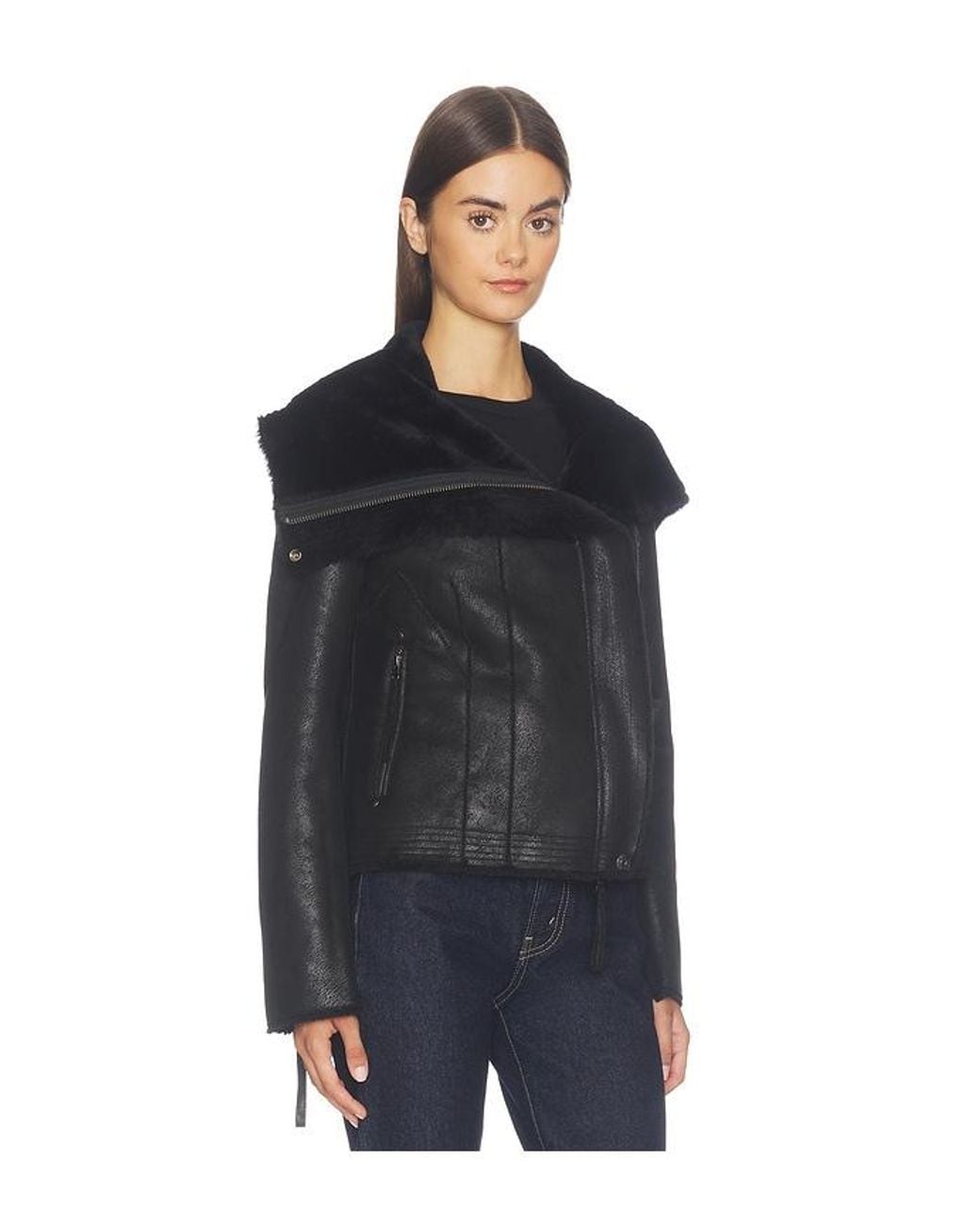 Free People Black X We The Free Fourline Shearling Aviator Jacket