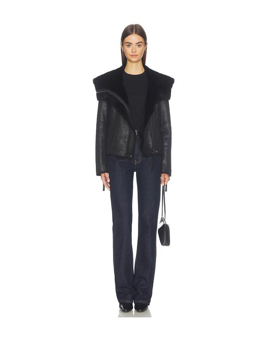 Free People Black X We The Free Fourline Shearling Aviator Jacket