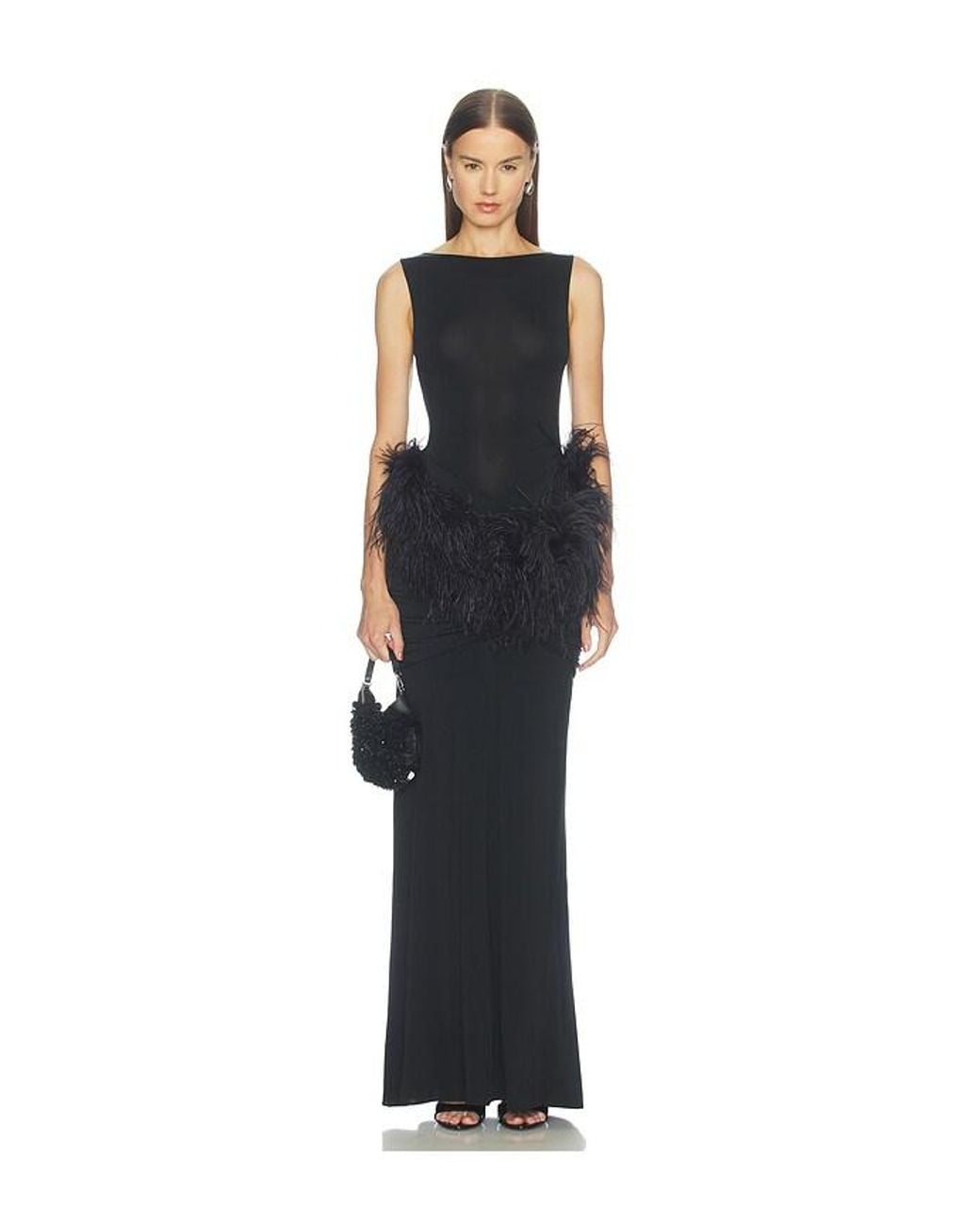 LAPOINTE Blue Jersey Long Sleeve Shirred Hip Gown With Feathers