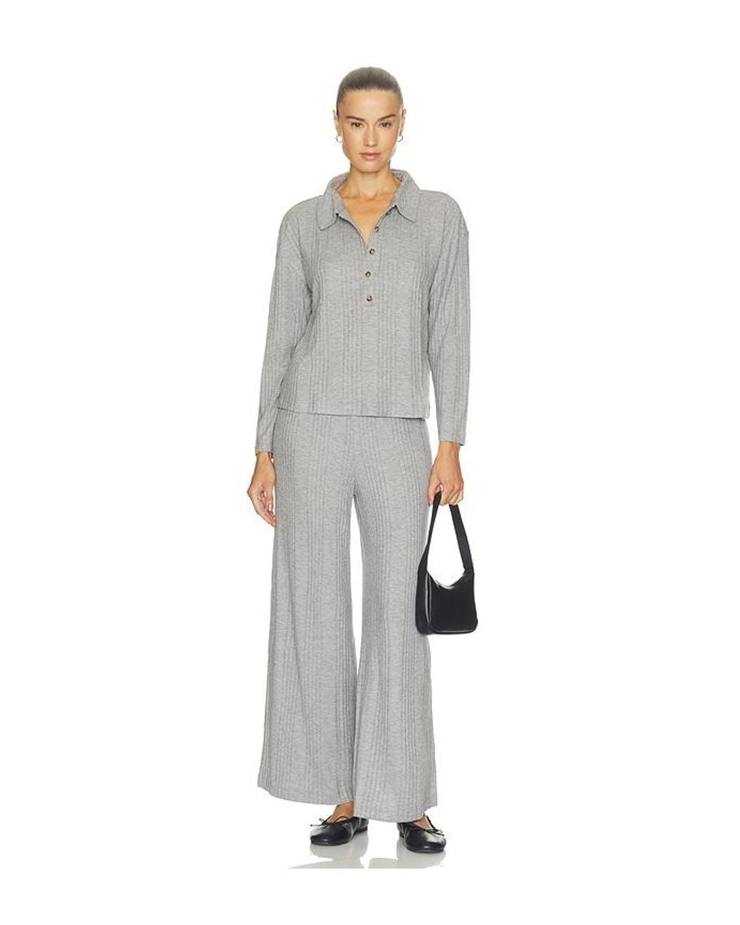 Eberjey Gray Variegated Rib Long Sleeve Polo Top