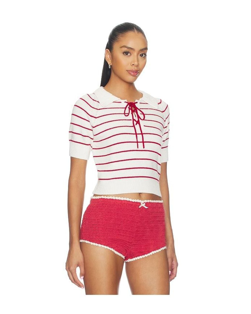 For Love & Lemons Red Betsy Striped Polo Tee