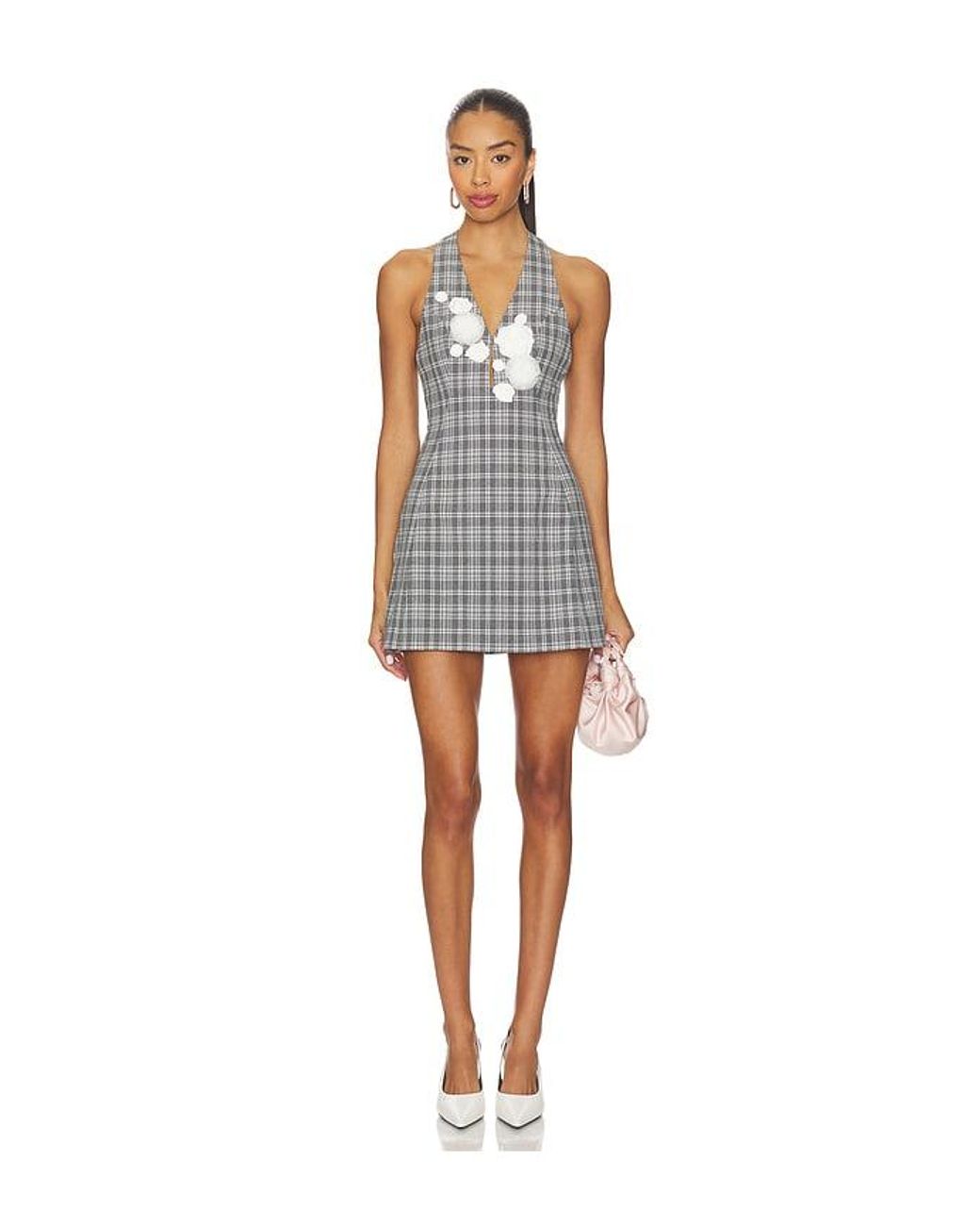 YUHAN WANG Gray Hand Crafted Rose Check Dress