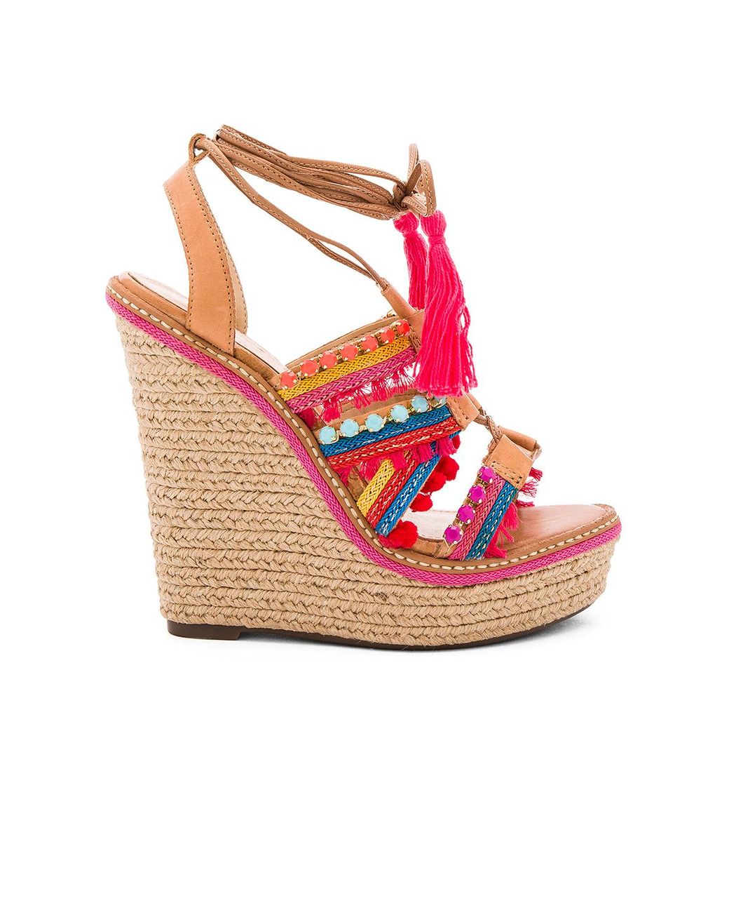 Schutz Mella Multi Color Bamboo Jeweled Leather Lace-Up Espadrille Wedge Sandals 