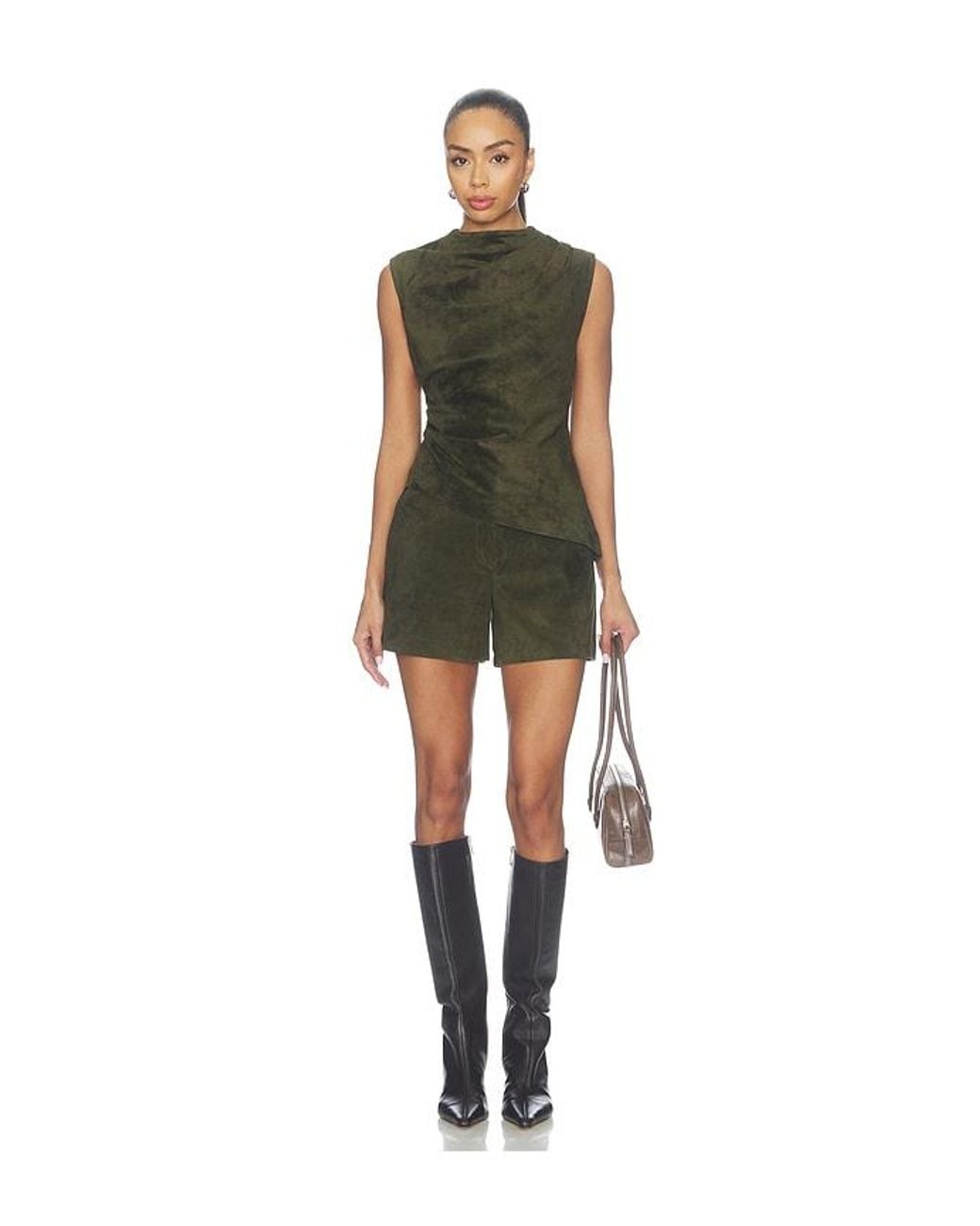 AEXAE Green Lamb Leather Suede Ruched Top