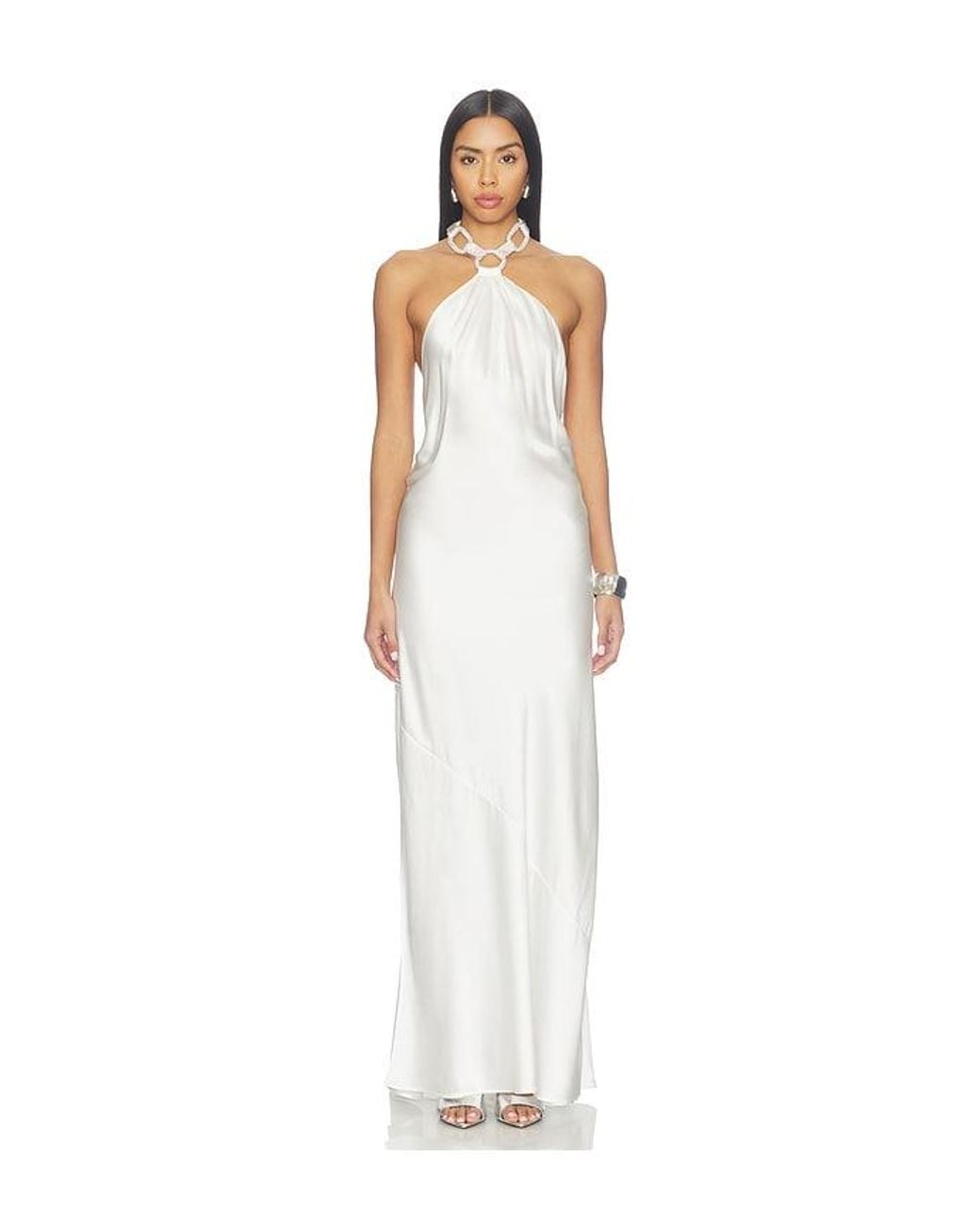 Bronx and Banco White Silky Halterneck Gown With Diamond Chain