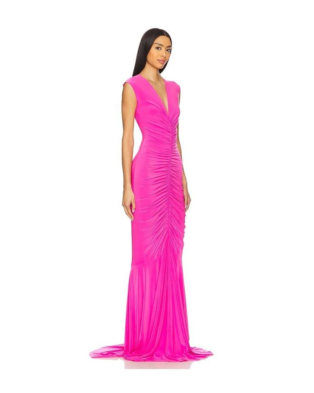 Norma Kamali Pink X Revolve Sleeveless Deep V Neck Shirred Front Fishtail Gown