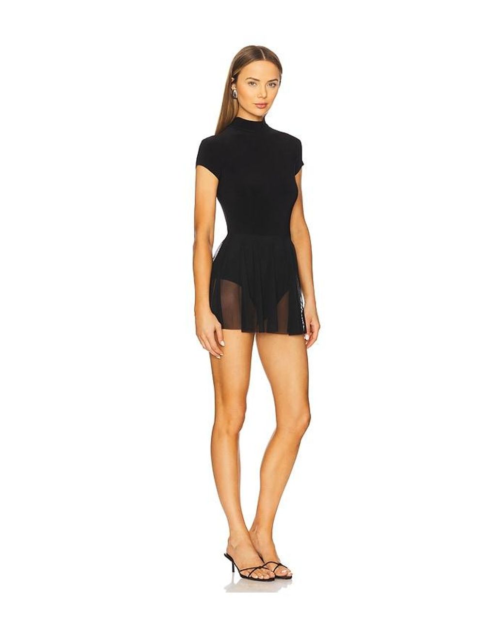 Norma Kamali Black Mock Neck Cap Sleeve Flared Pickleball Dress