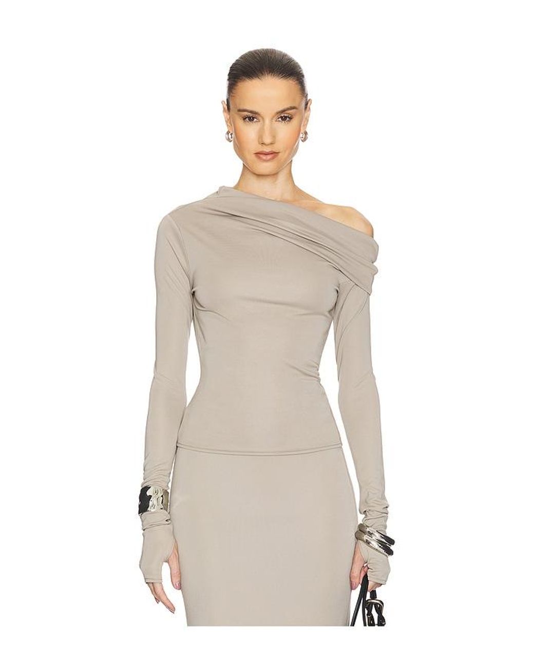 Helsa Matte Jersey Drape Shoulder Top in Natural Lyst UK