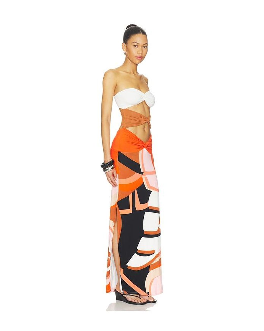 Indah Orange Charlie Printed Maxi Dress With Solid Bandeau Panels