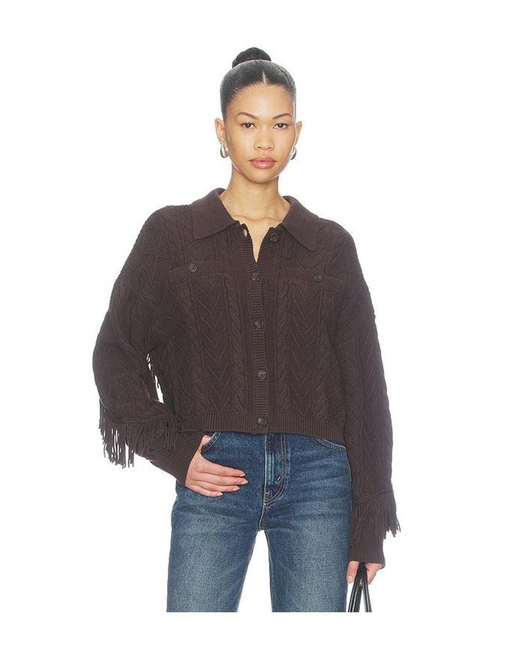 Central Park West Blue Phoebe Cable Fringe Sweater Cardigan