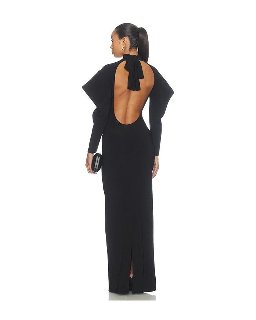 Norma Kamali Blue Wing Sleeve Open Back Bow Neck Gown