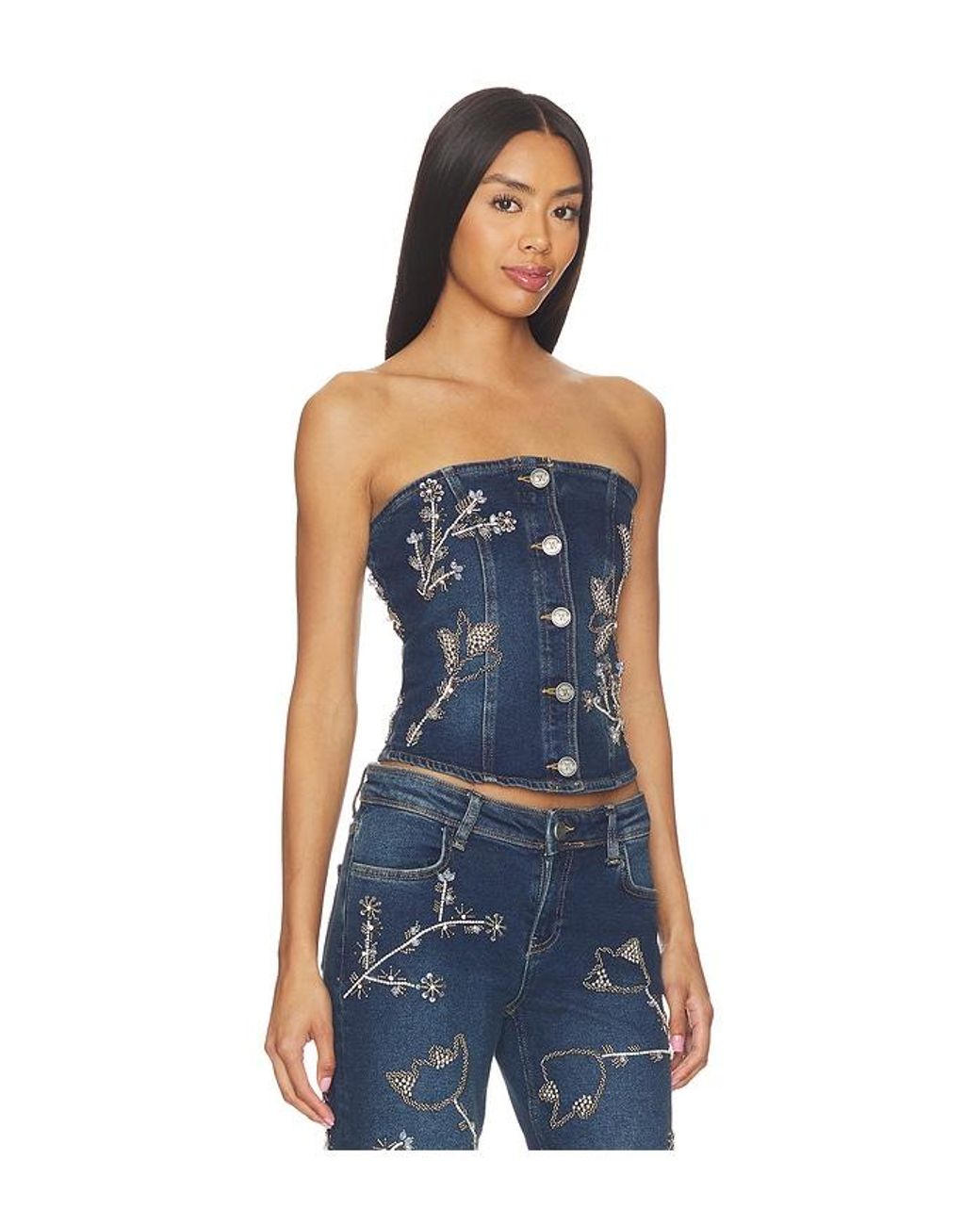 OW Collection Blue Nova Embellished Denim Top