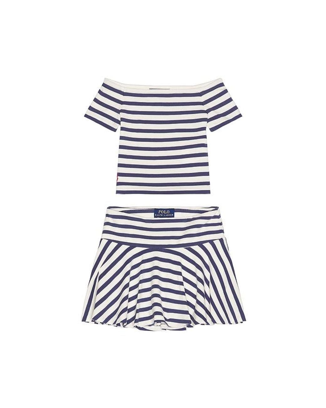 Polo Ralph Lauren White Short Sleeve Cotton Jersey Knit Striped Shirt With Skirt