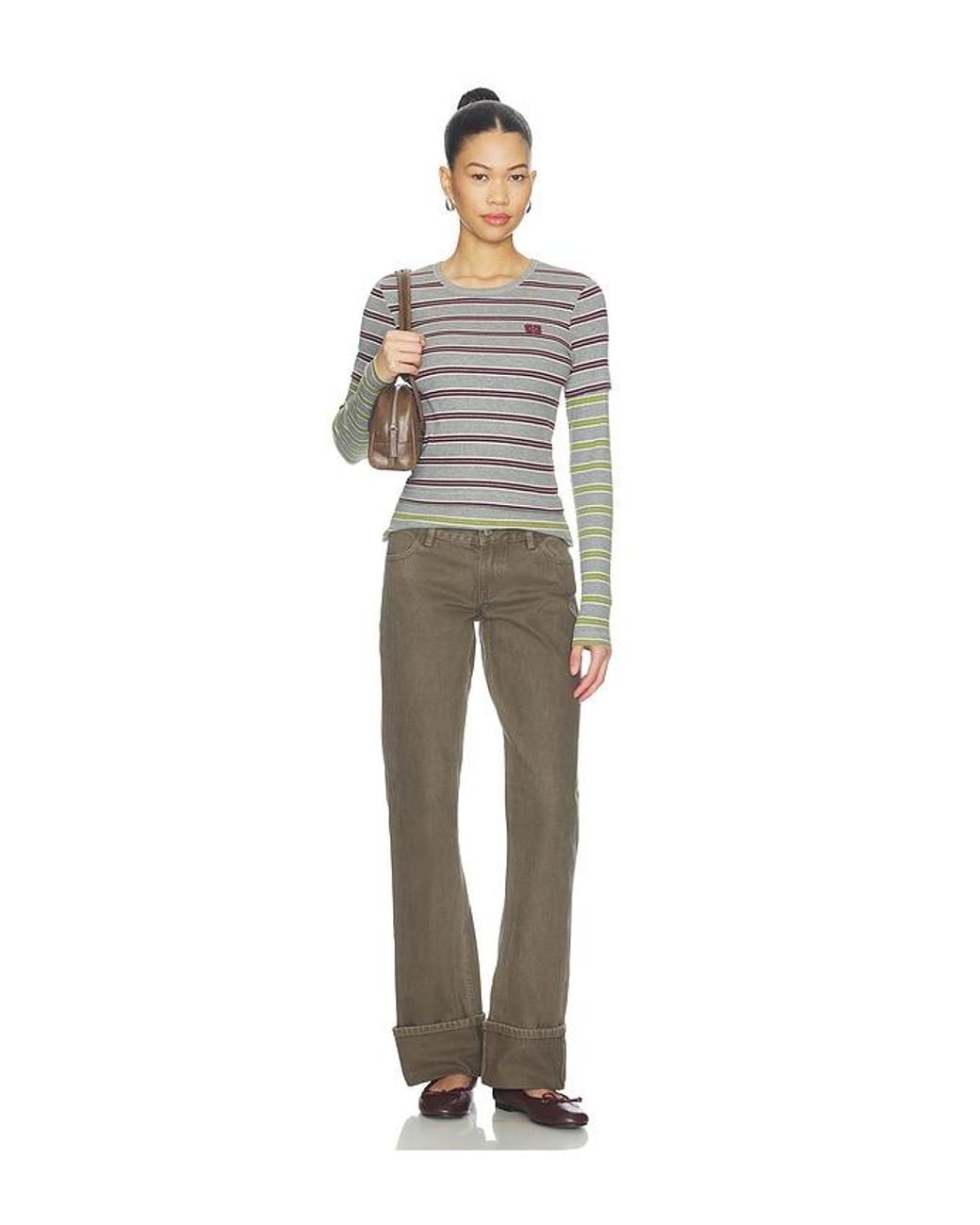 Ganni Multicolor Soft Cotton Rib Long Sleeve Double Layer Top