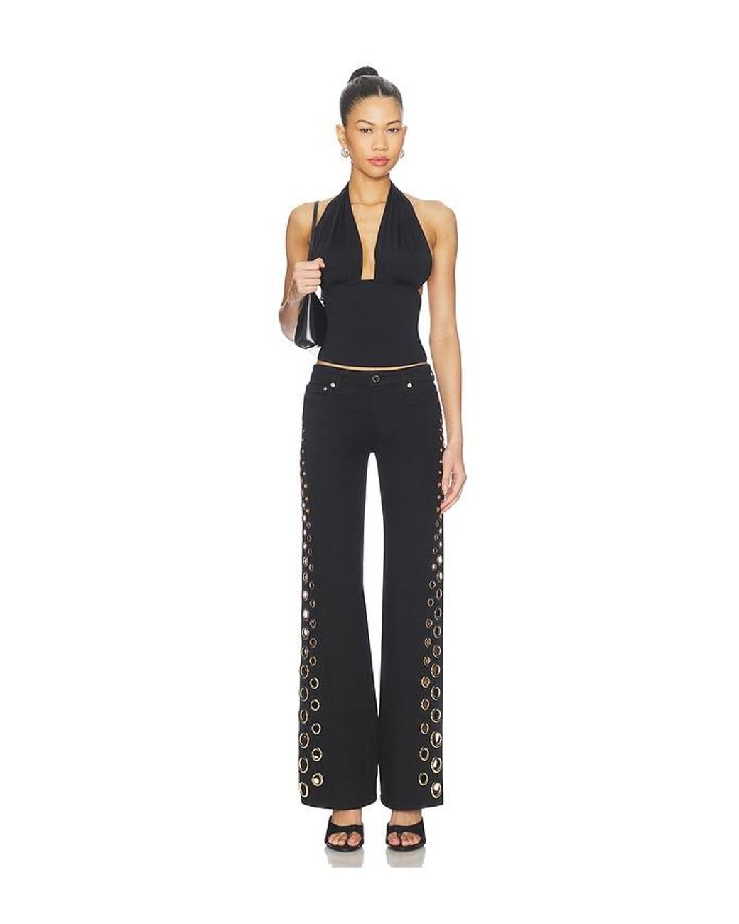Alice + Olivia Black Roxie Low Rise Straight Flare Full Length Jean With Grommets