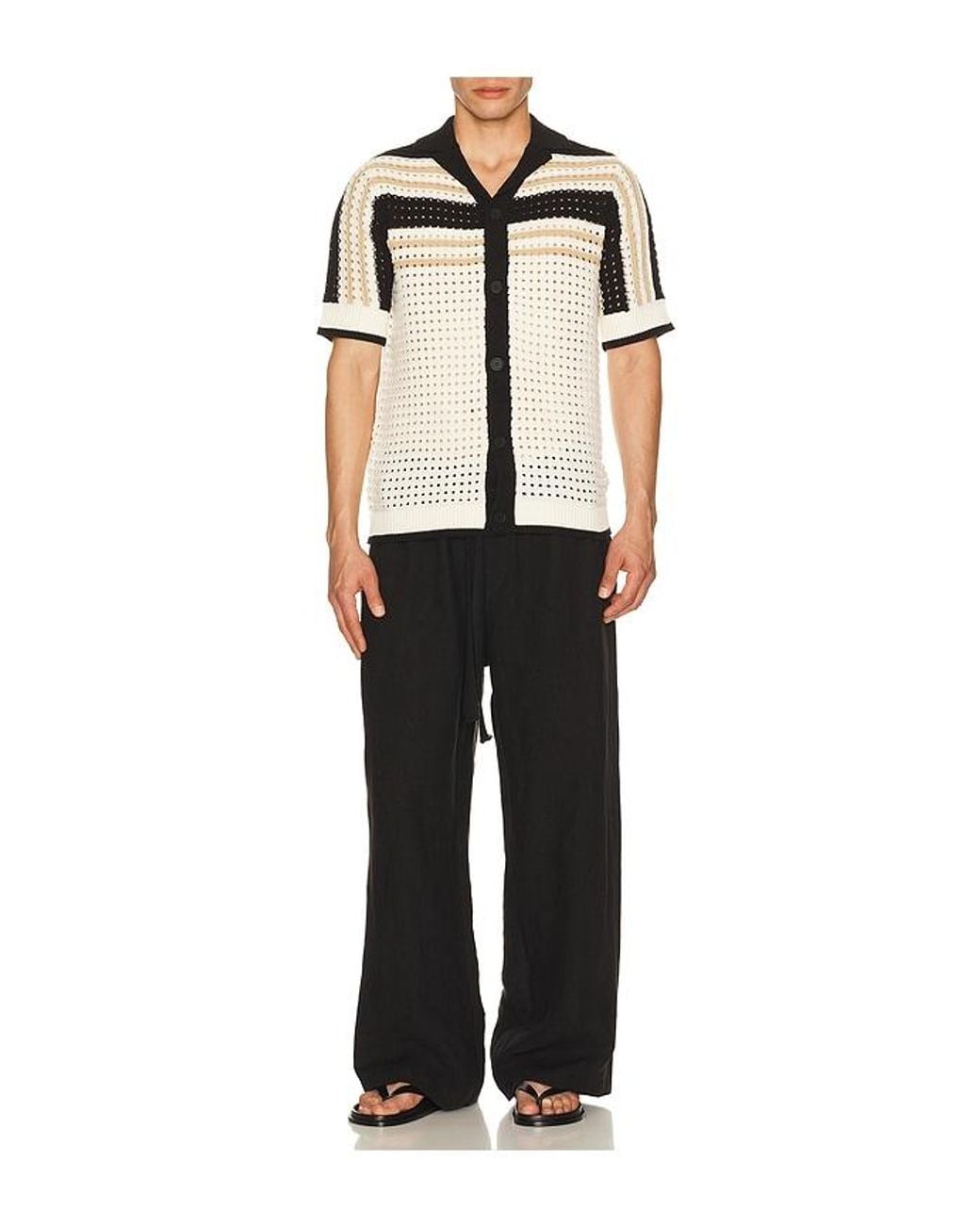 Central Park West Black Anderson Striped Crochet Button Down Shirt for men