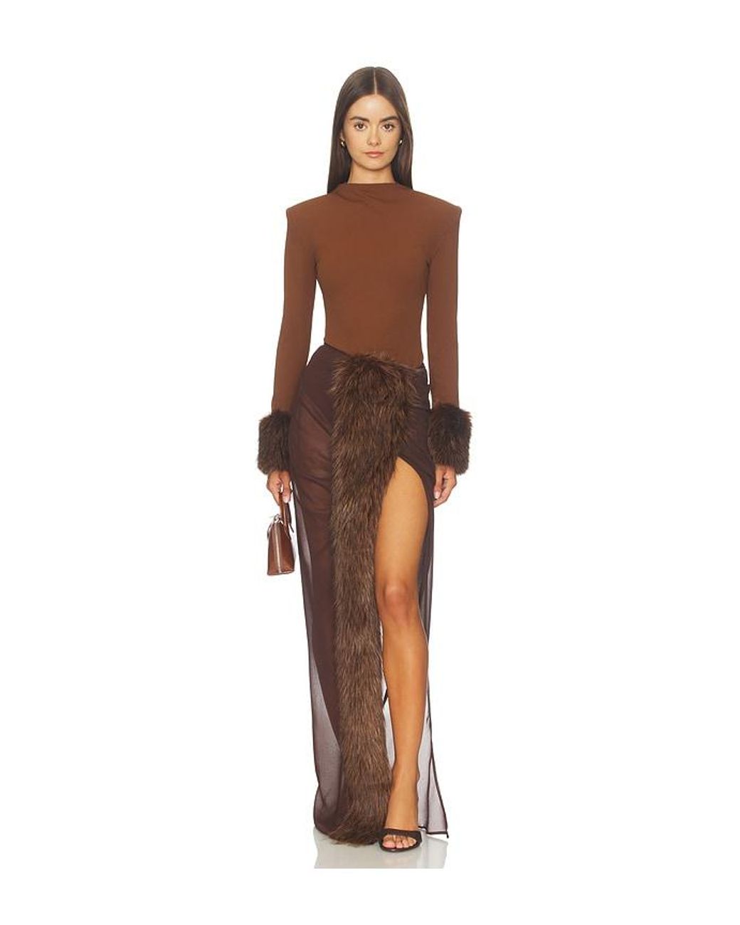 Bronx and Banco Brown Mesh & Faux Fur Maxi Skirt