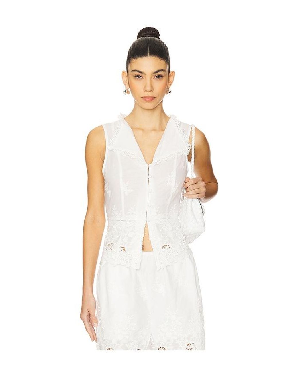 WeWoreWhat White Lace Button Up Top