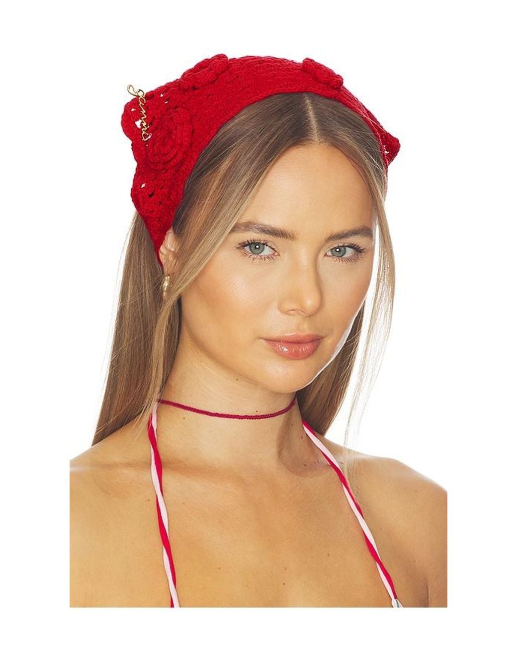 Ganni Red Crochet Head Scarf
