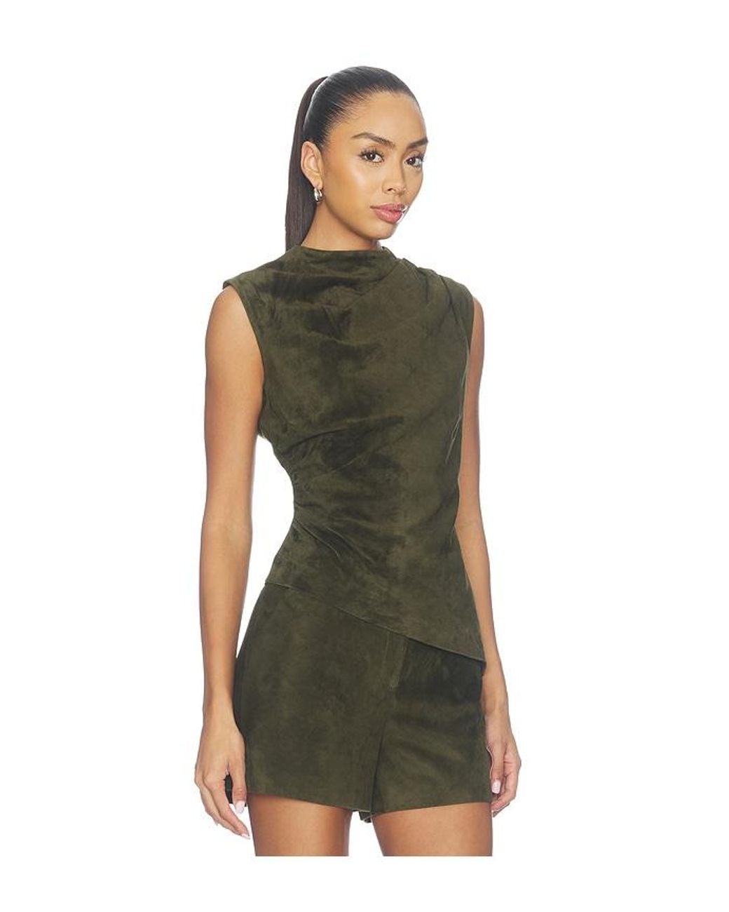 AEXAE Green Lamb Leather Suede Ruched Top