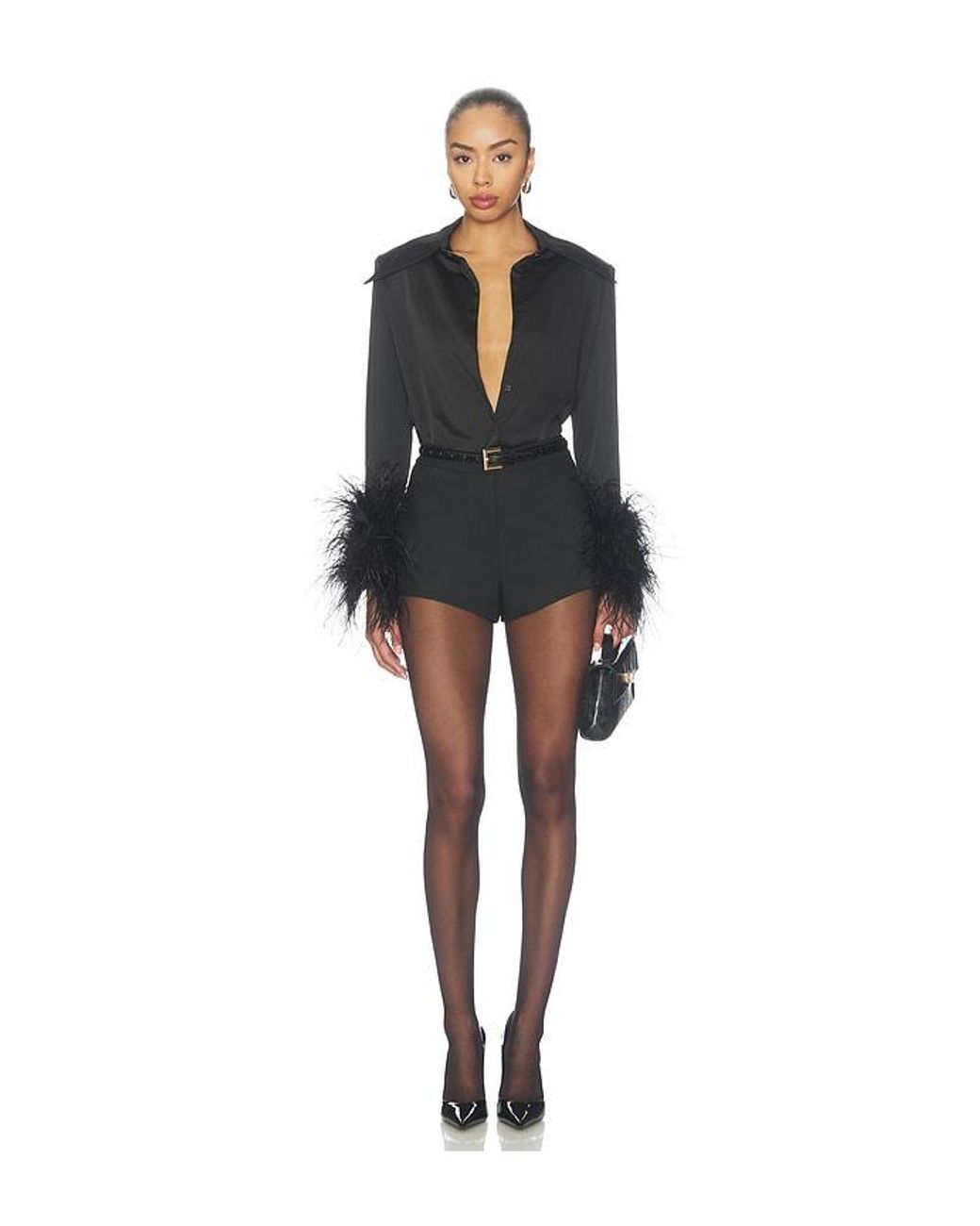 Bronx and Banco Black Button Down Blouse With Feather Cuffs