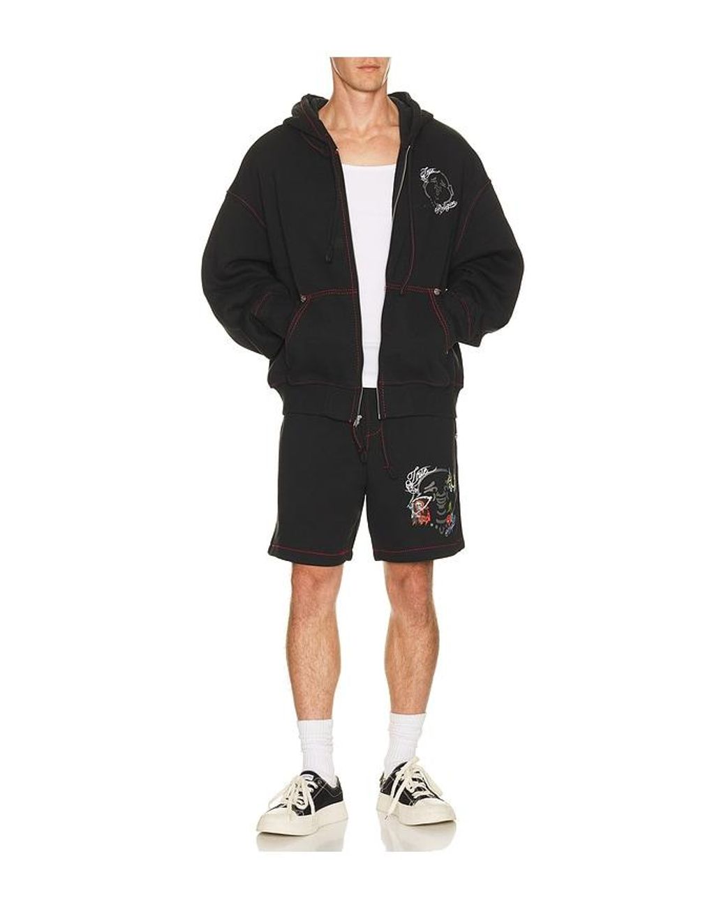 True Religion Black Buddha Face Big T Fleece Shorts for men