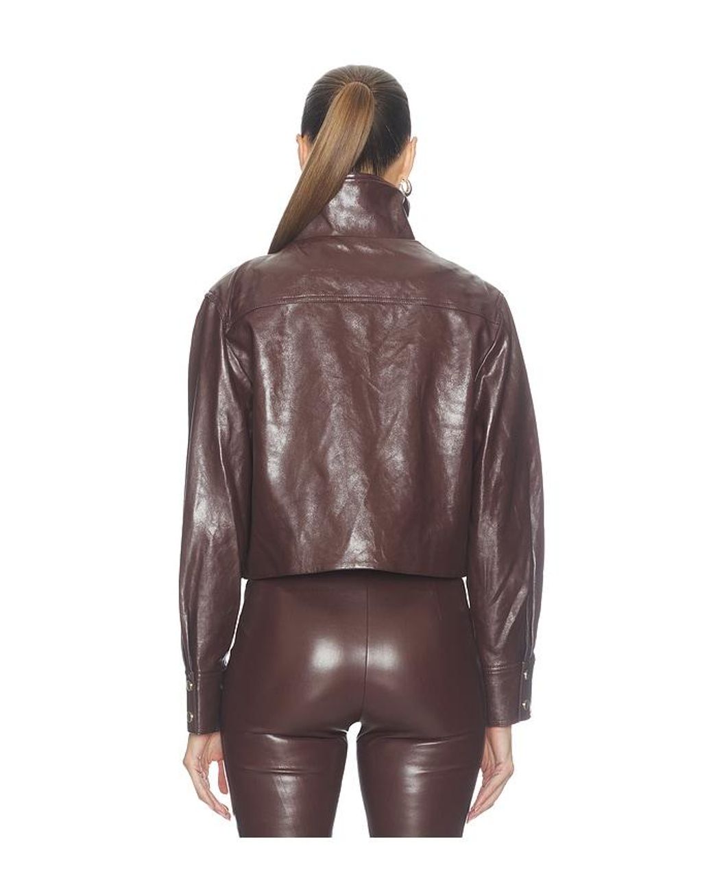 Alice + Olivia Brown James Faux Leather Cropped Longsleeve Funnel Neck Parka