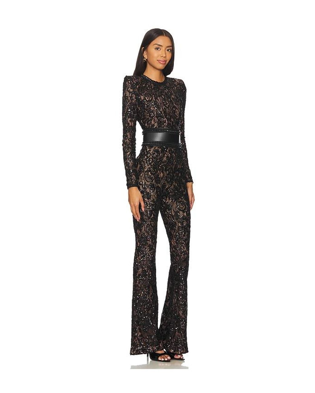 Nadine Merabi Black Sequin-Embellished Lace Jumpsuit