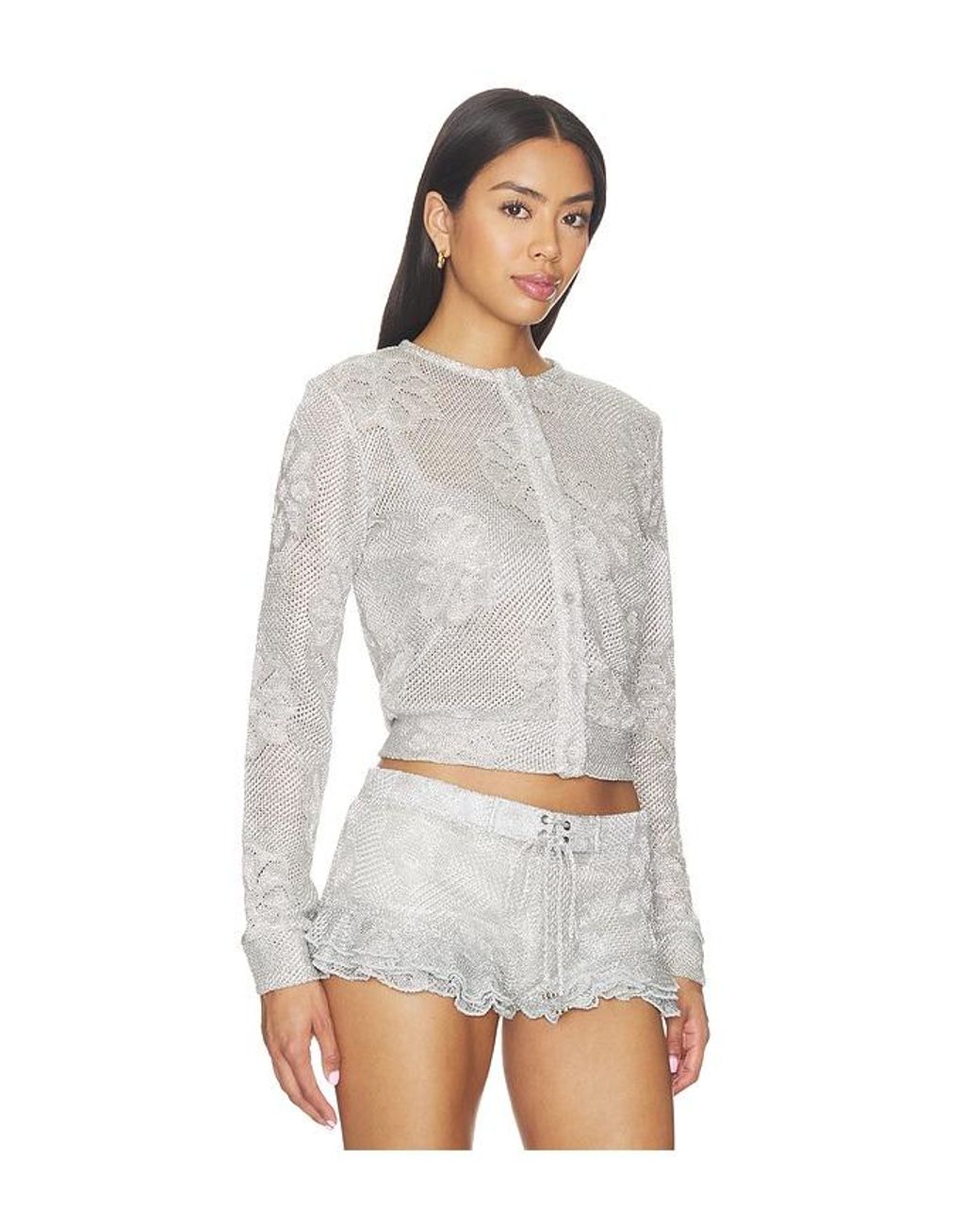 Siedres White Poli Metallic Knit Cardigan