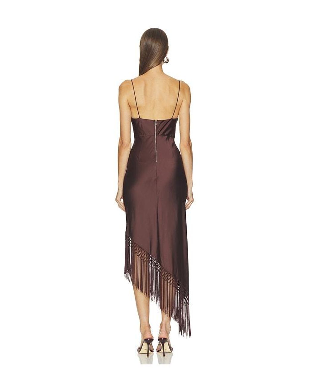 Alice + Olivia Brown Harmony Drapey Slip Asymmetrical Midi Dress With Fringe
