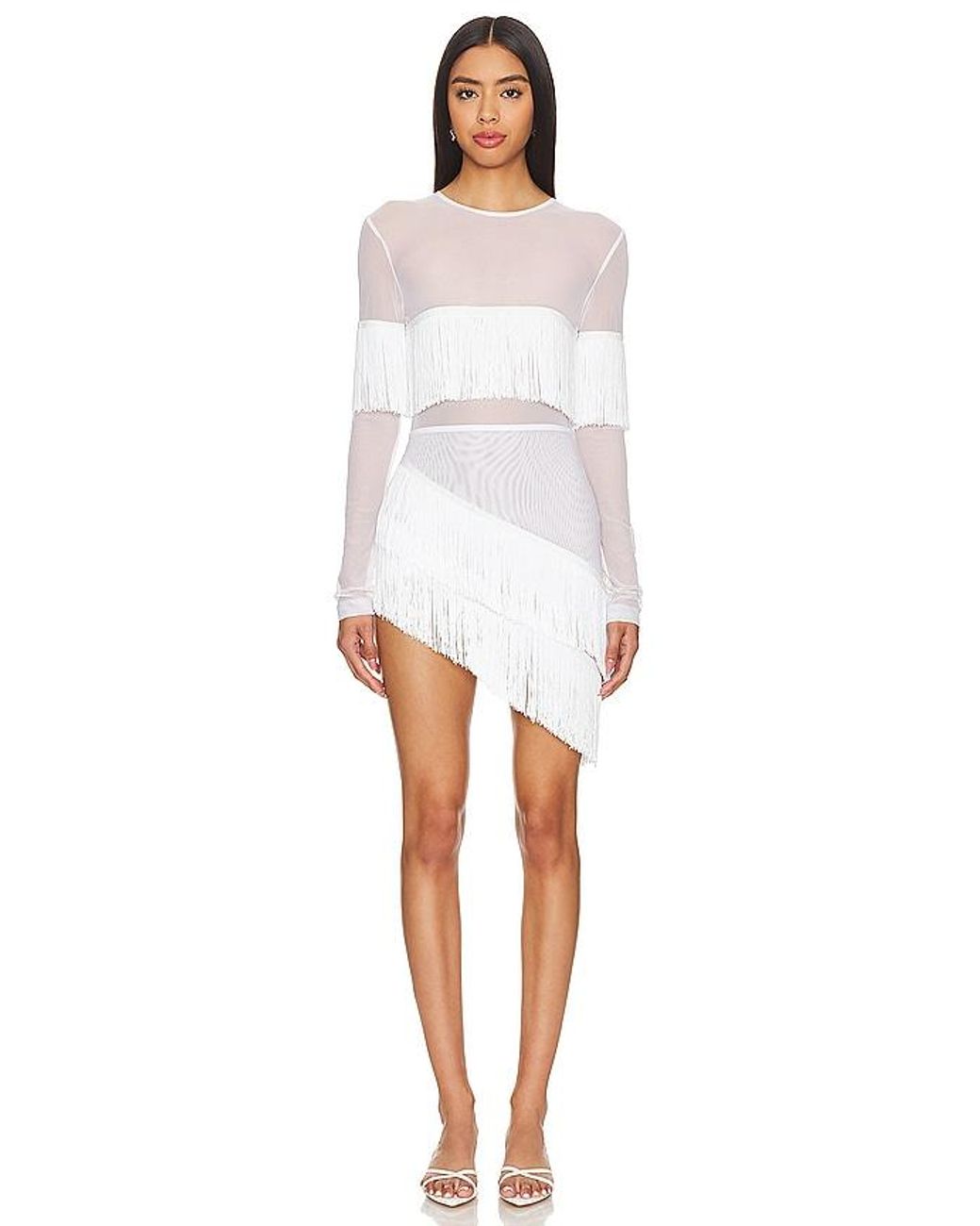 Norma Kamali White Long Sleeve Crewneck Fringe Top