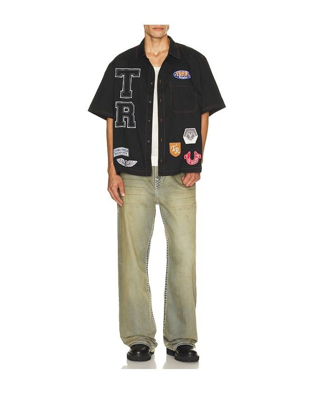 True Religion Black Short Sleeve Patchwork Shirt for men