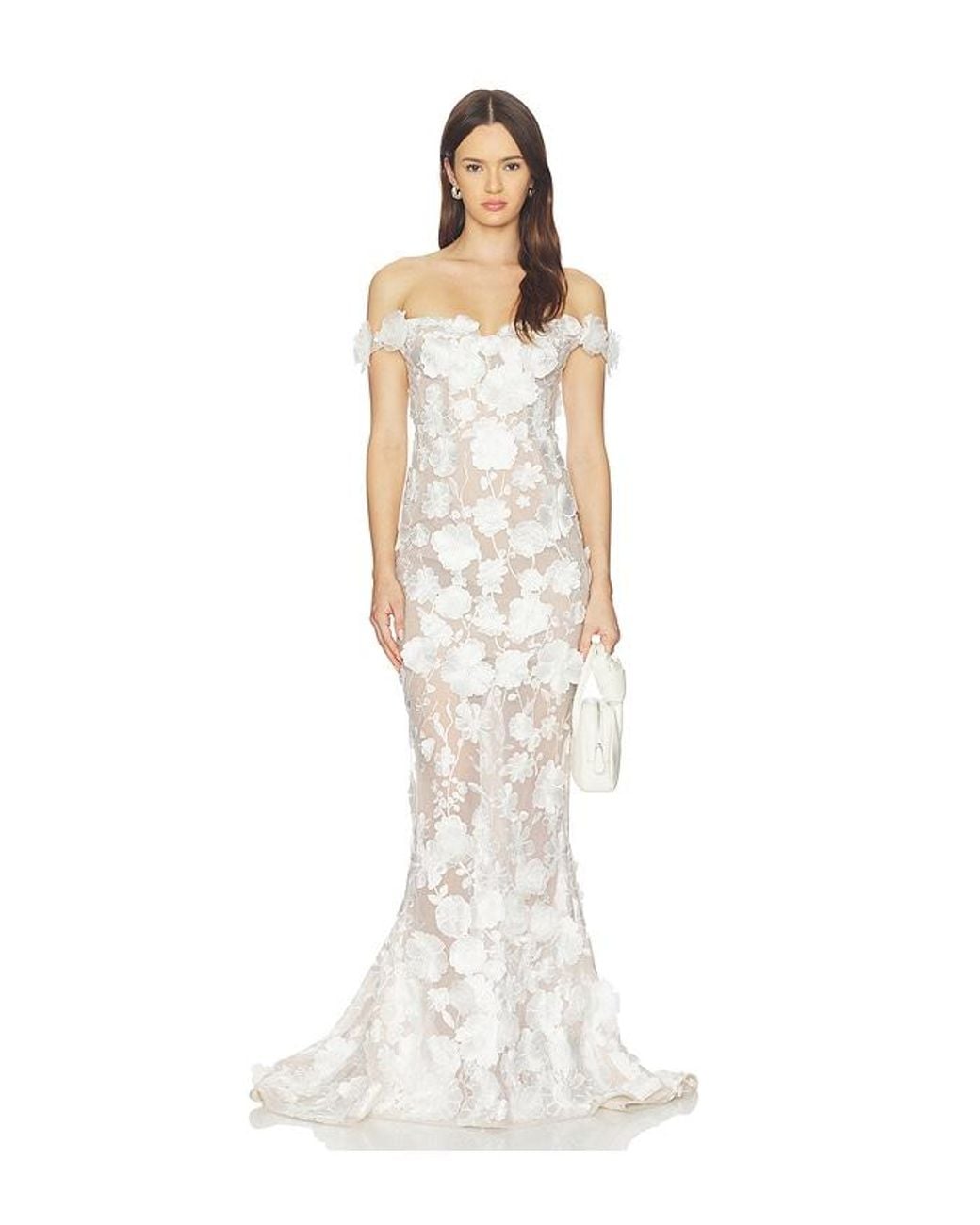 Bronx and Banco White Jasmine Floral Off The Shoulder Gown