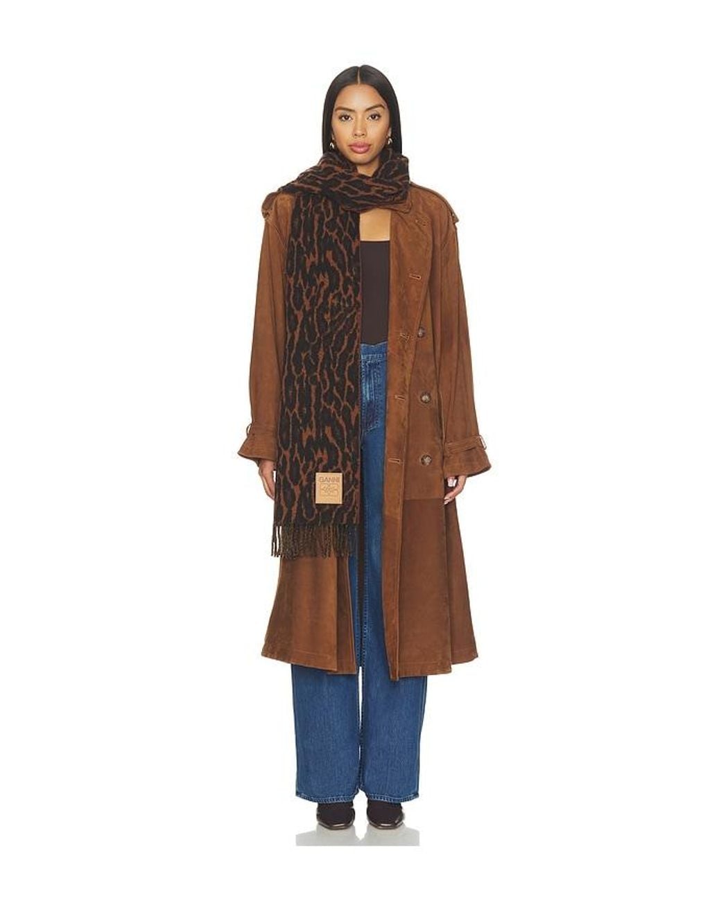 Ganni Blue Compact Wool Scarf Leopard