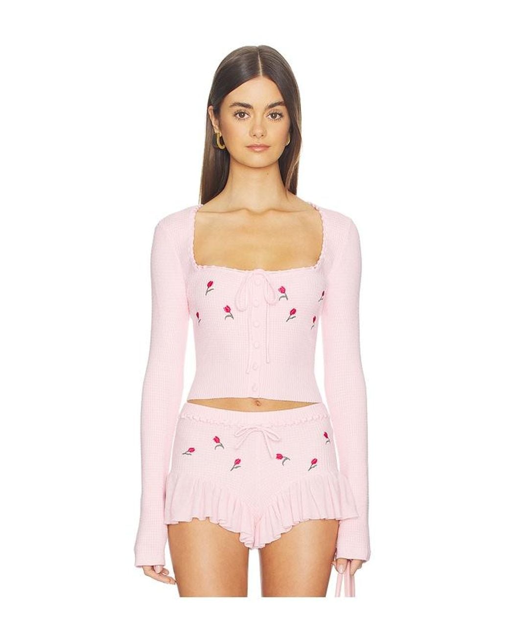 Lovers + Friends Pink Cecilia Floral Embroidered Top