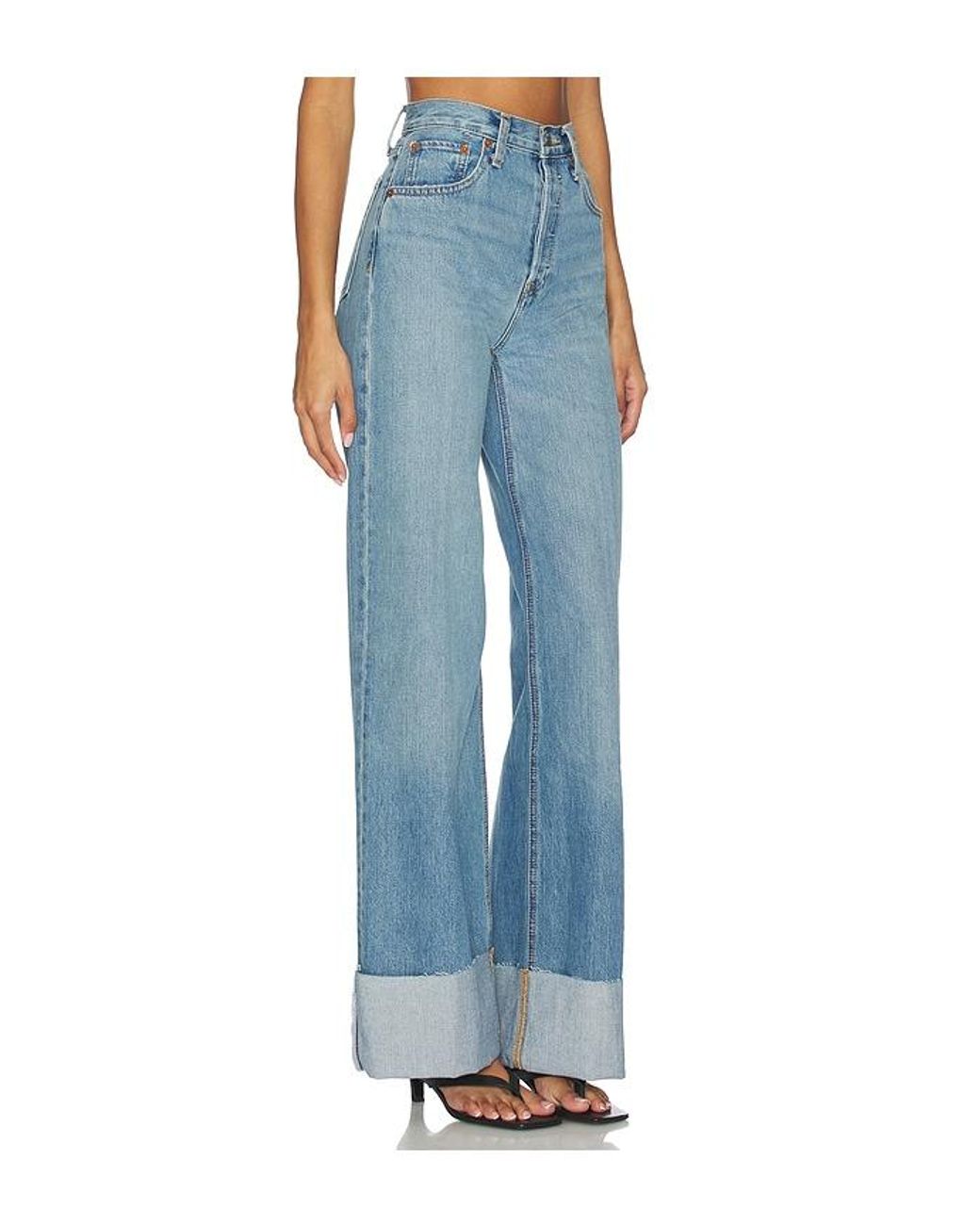 Re/done Blue High Rise Wide Leg Cuff Jeans