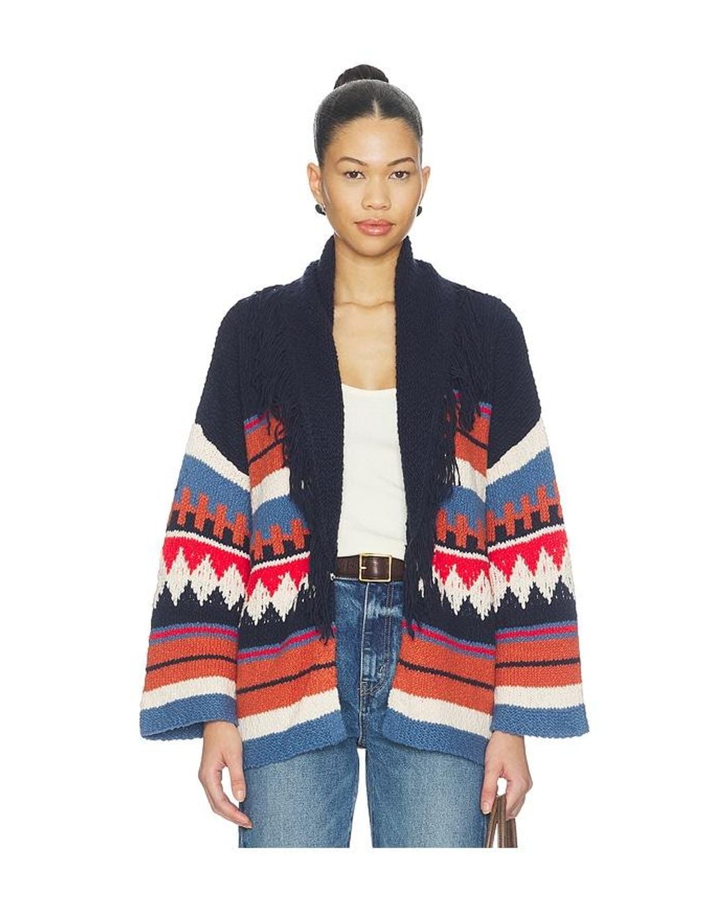 Autumn Cashmere Blue Southwest Fringe Shawl Collar Wrap