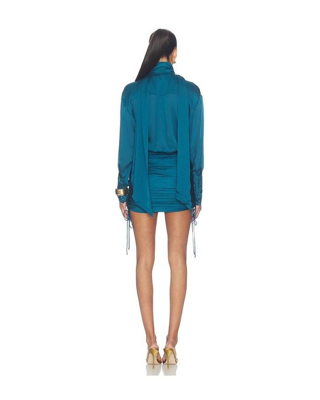 Balmain Blue Long Sleeve Open Neck Draped Silk Charmeuse Dress