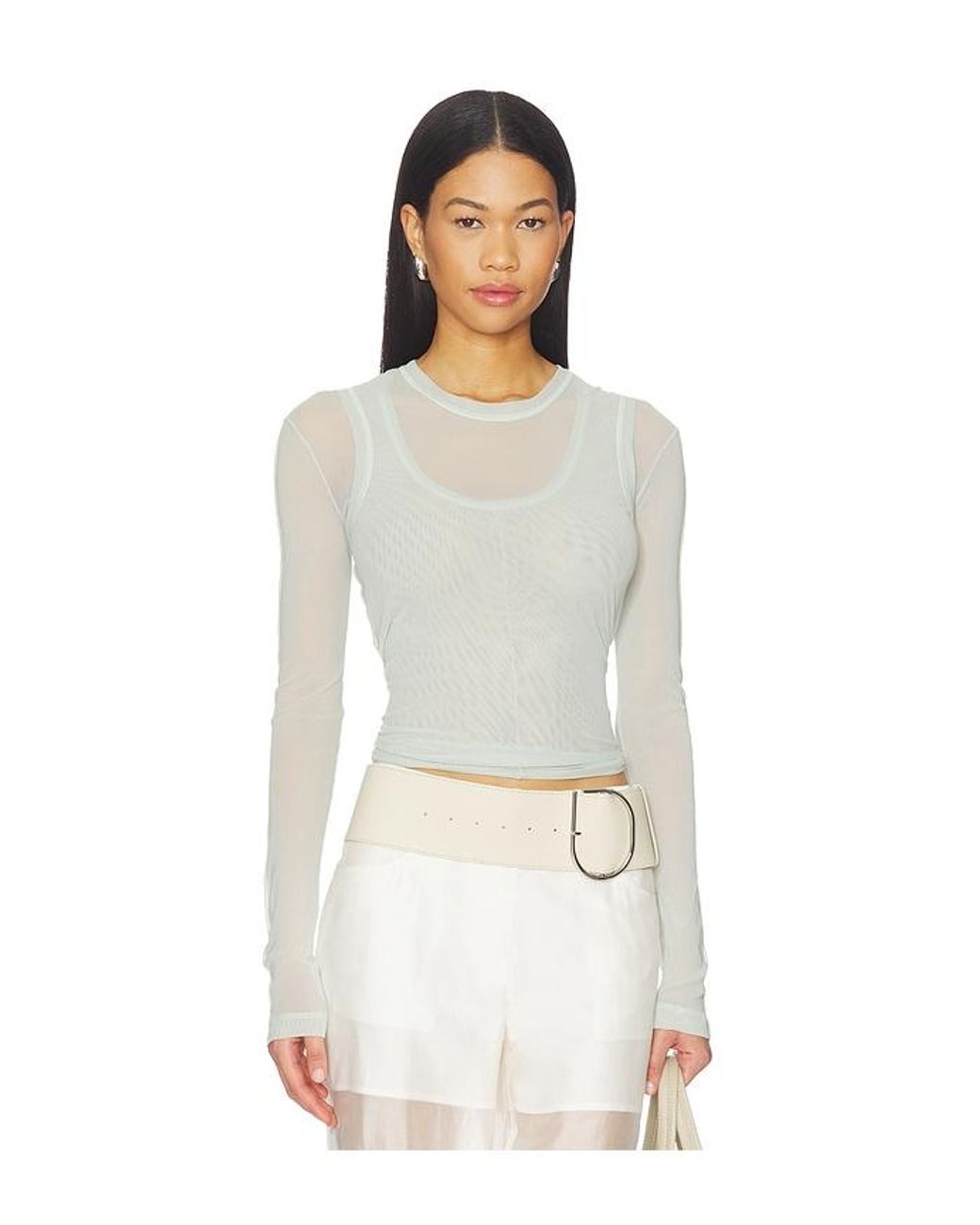 Helmut Lang White Mesh Layered Long Sleeve Top
