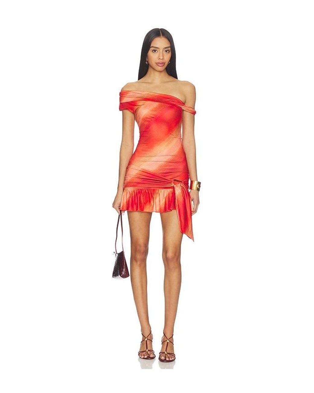 Tiger Mist Red Twist Off Shoulder Mini Dress