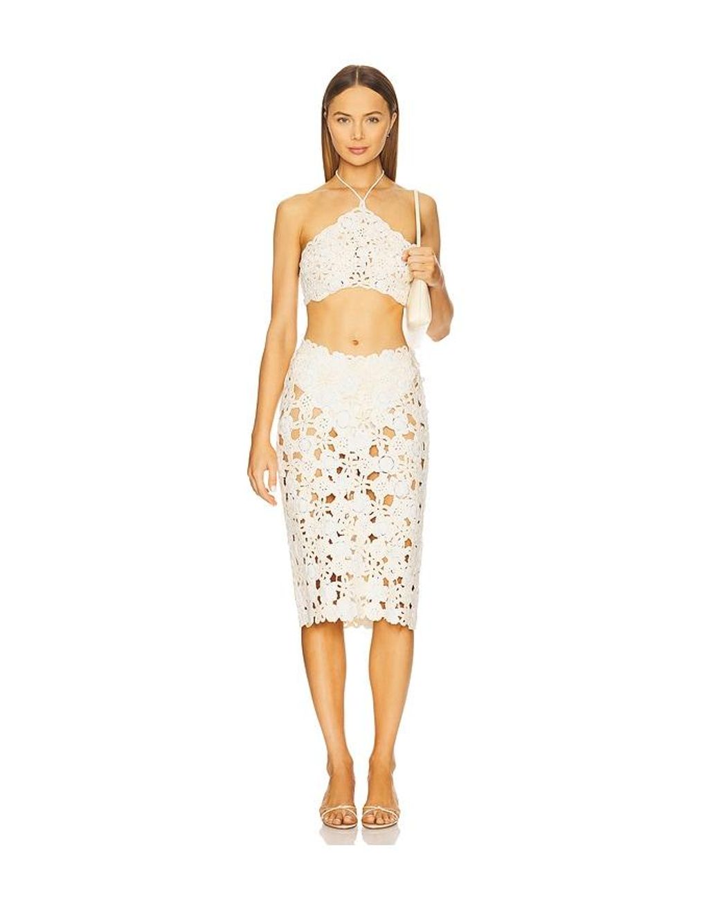For Love & Lemons Natural Floral Crochet Coverup Midi Skirt