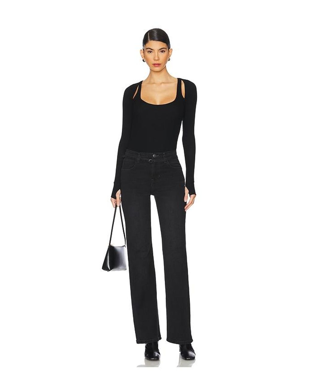 Michael Lauren Black Stanfield Long Sleeve Fitted Scoop Neck With Cutouts