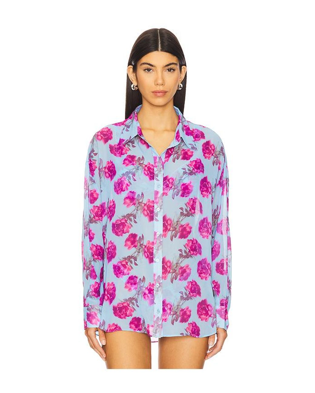 For Love & Lemons Blue Floral Stems Button Down Top