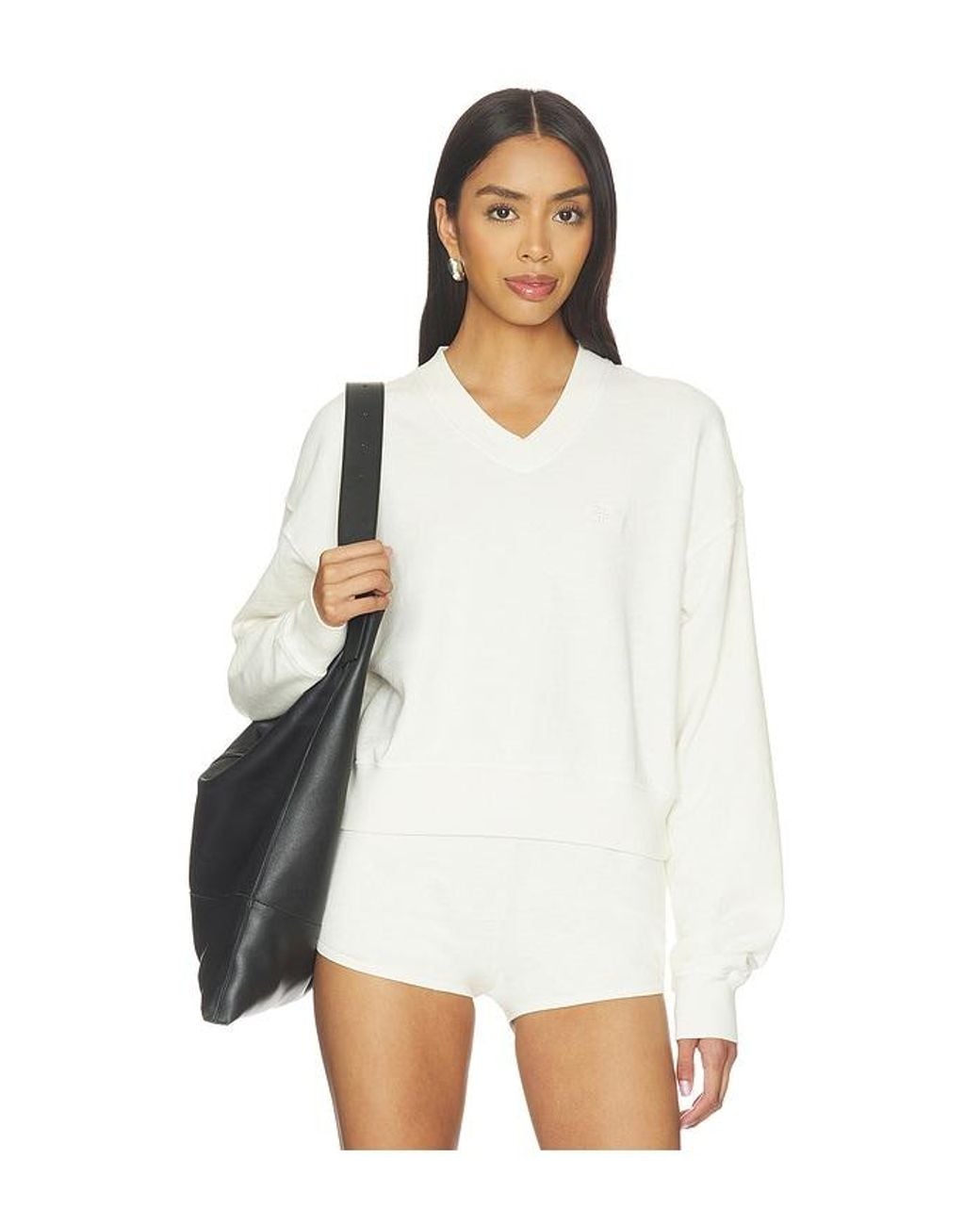 ÉTERNE White Lightweight French Terry Cropped V-Neck Sweatshirt